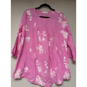 Ces Femme Pink Embroidered Bell Sleeve Tunic Top Made in‎ USA L